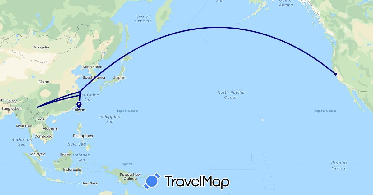 TravelMap itinerary: driving in China, Taiwan, United States (Asia, North America)